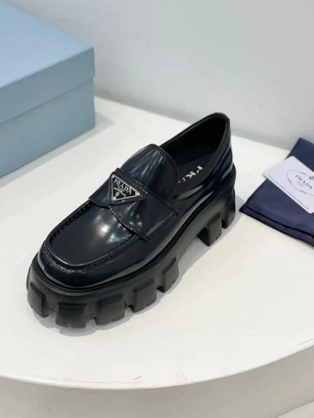 Prada Black Brushed Leather Triangle Logo Lug Sole Platform Loafers - Picture 4 of 8